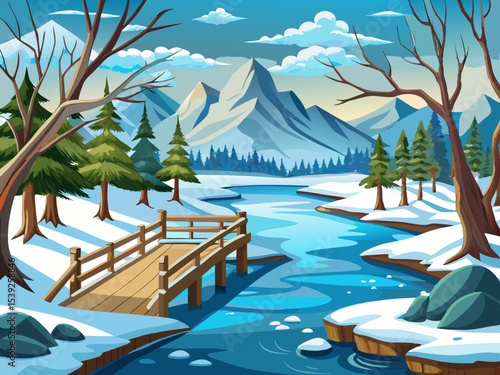 vector of A beautiful lake covered with snow, on which there is a beautiful wooden bridge to cross. Frozen trees. Cracked ice lake.