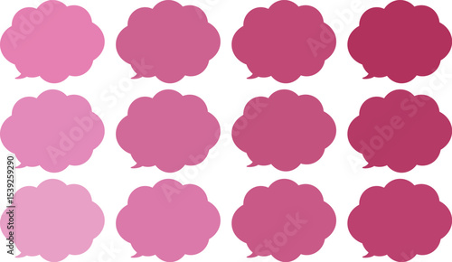 All the bubbles have a distinctive, rounded, cloud-like, or scalloped edge design. This vector image features twelve speech bubbles.