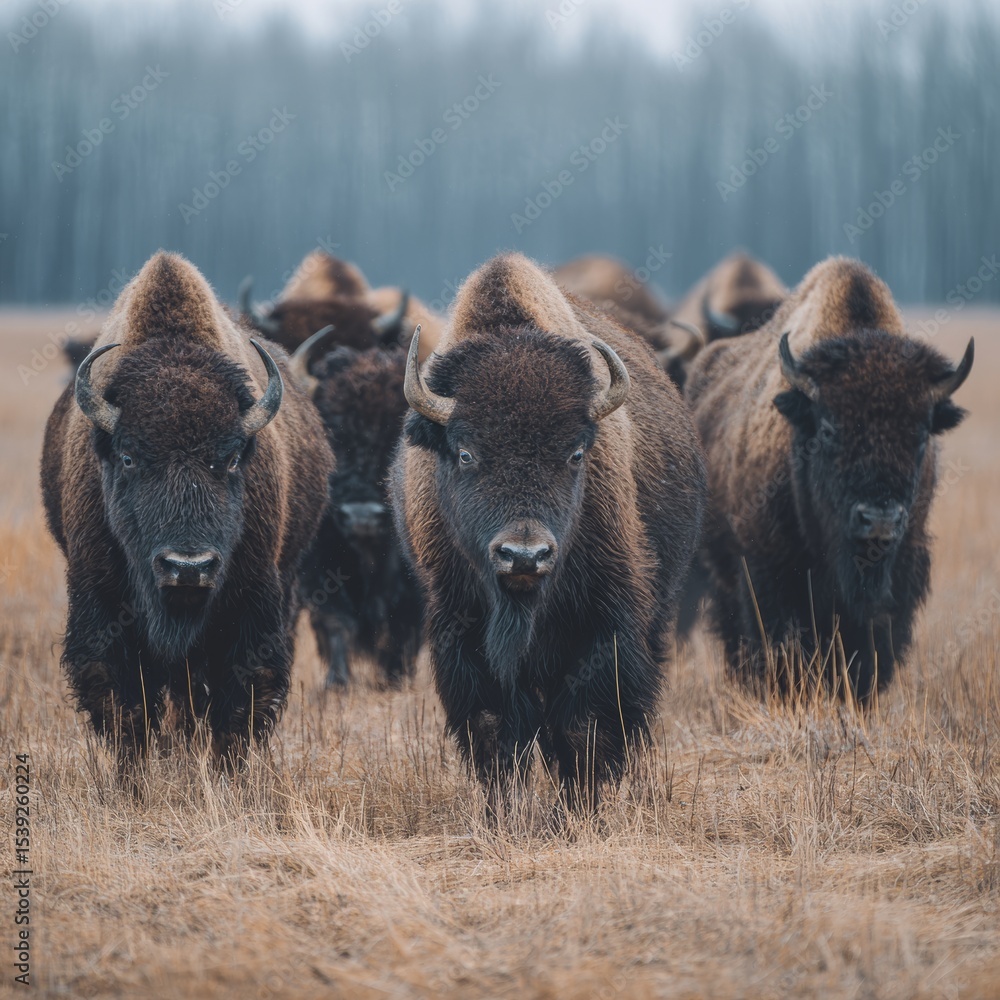 Fototapeta premium A herd of majestic bison walking towards camera in a natural landscape. The bison stand tall and proud in a grassy field, the image captures their raw power and strength.