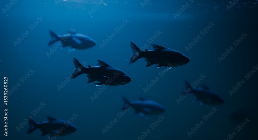 Obraz premium Silhouettes of Fish Swimming in a Deep Blue Aquarium
