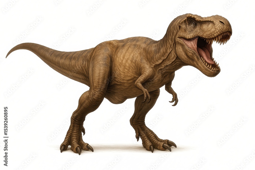 Majestic Tyrannosaurus Rex dinosaur model showcased against pristine white background for educational content Majestic Tyrannosaurus Rex dinosaur model showcased against pristine white background for educational content