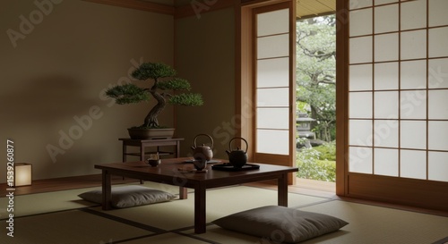 Tranquil interior room with natural light and traditional design