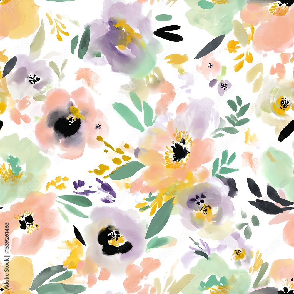 Fototapeta premium Seamless pattern of watercolor flowers in soft pastel spring colors