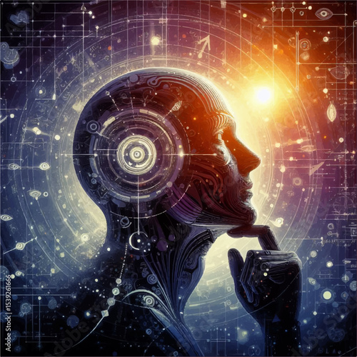 The head of a cyborg propping his chin with his hand as in the pose of a thinker against the background of digital information symbols. Independent thinking from AI. Vector graphics. EPS.