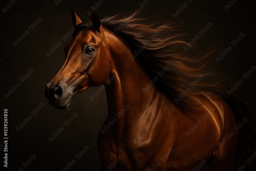 Fototapeta premium Magnificent Arabian horse portrait captured in dramatic natural lighting with flowing mane