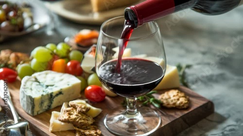 A glass of red wine is being filled, accompanied by a variety of gourmet cheeses and fresh fruits, creating a delightful culinary scene