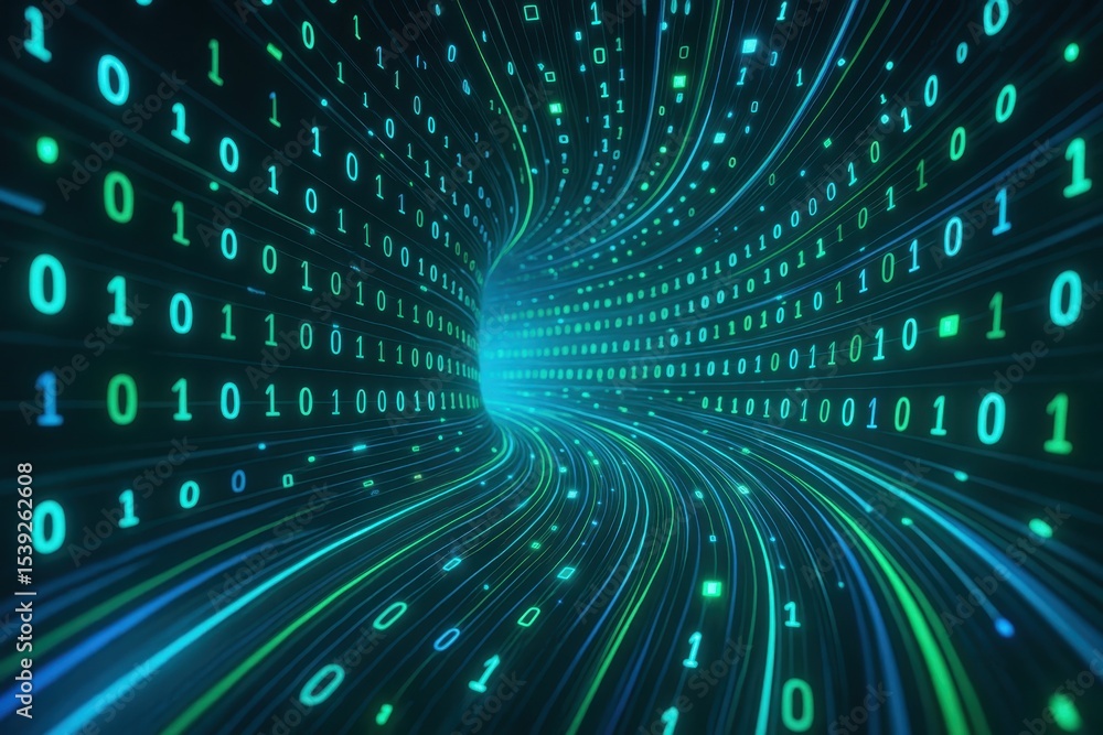 Fototapeta premium Abstract digital data tunnel with glowing binary code streams and fiber optic cables in cyberpunk aesthetic