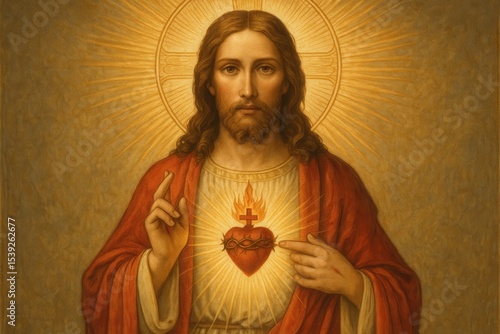 Sacred Heart of Jesus religious artwork with divine light rays and spiritual symbolism