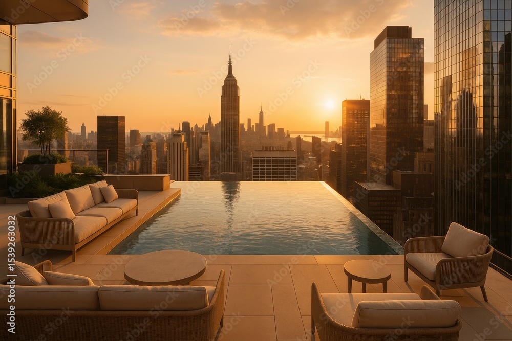 Obraz premium Ultra-modern penthouse terrace with infinity pool overlooking Manhattan skyline at golden hour