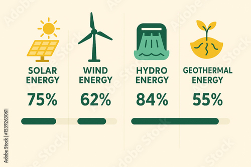 Flat Vector Infographic Comparing Solar, Wind, Hydro, and Geothermal Energy – 4-Column Layout with Icons, Progress Bars, and Statistics in Green and Yellow Palette