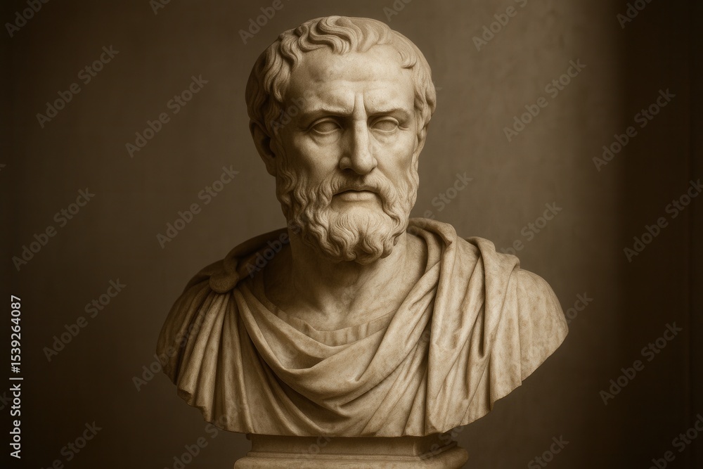 Classical marble statue with stoic expression representing timeless philosophy and wisdom Classical marble statue with stoic expression representing timeless philosophy and wisdom
