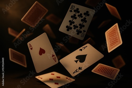 Playing cards cascading through air against white background in slow-motion photography capturing gambling themes