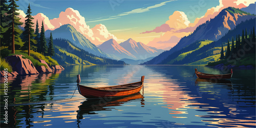 Tranquil Mountain Lake with Rowboats at Sunrise, Vibrant Pine Forest, Peaceful Reflections, Digital Art Landscape Illustration