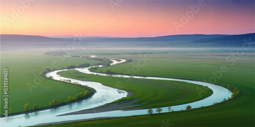 Serene Sunrise Landscape with Meandering River, Rolling Green Fields, and Distant Blue Hills – Tranquil Nature Scene Illustration