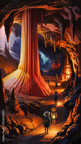 Adventurous Explorers in Colorful Underground Cave with Dramatic Stalagmites, Stalactites, and Vibrant Rock Formations