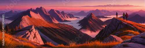 Majestic Sunrise Mountain Landscape with Hikers on Ridge, Misty Valleys and Vibrant Autumn Colors, Adventure Concept Illustration