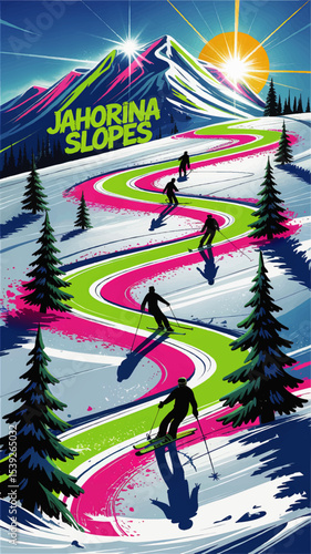 Vibrant Retro Ski Poster of Jahorina Slopes with Colorful Trails, Skiers, Pine Trees, and Sunrise in Snowy Winter Mountains