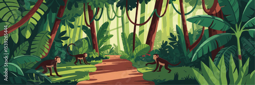 Cartoon Jungle Background with Monkeys Playing in Lush Tropical Rainforest, Green Foliage, Nature Wildlife Illustration