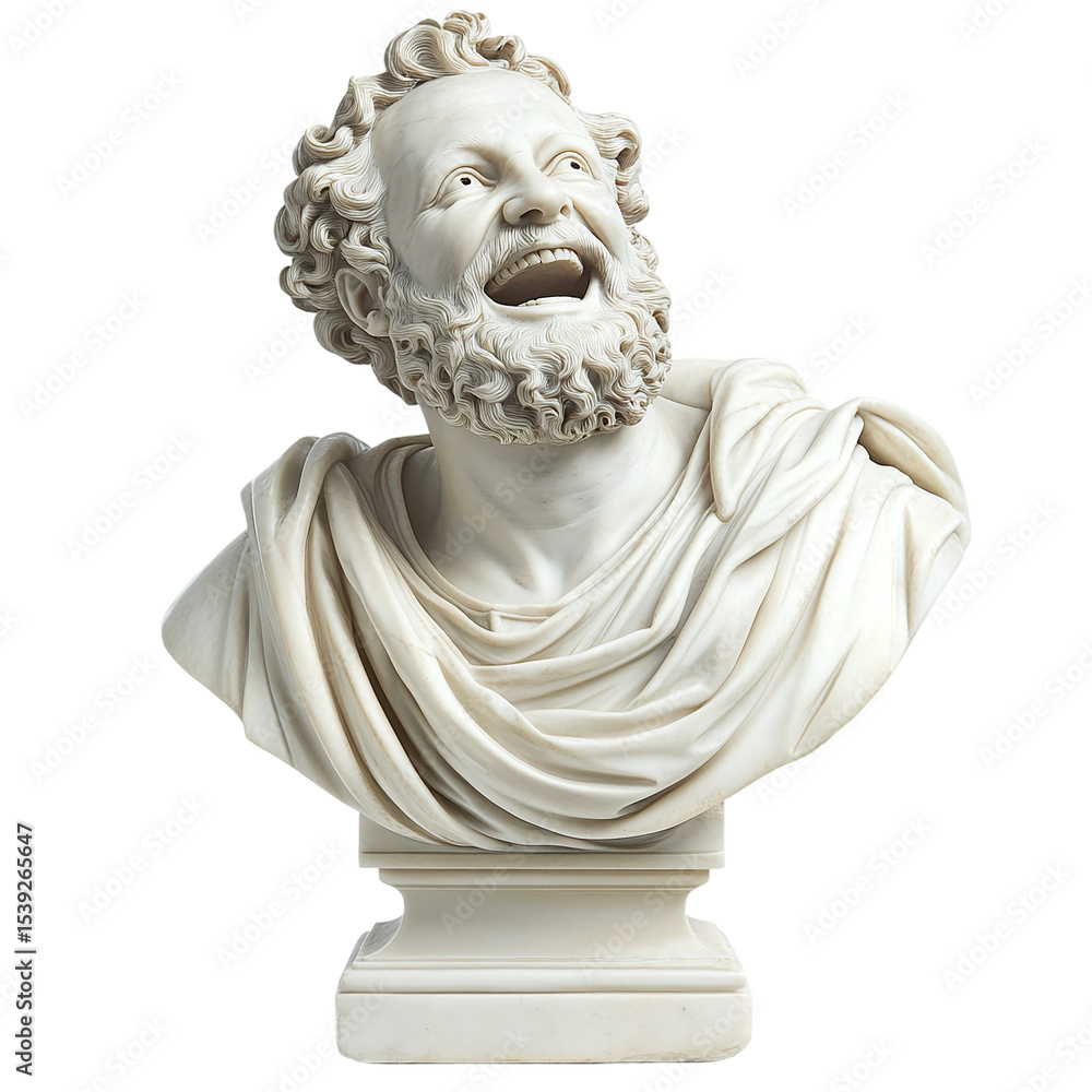 Obraz premium Marble bust of a laughing man with classical style timeless artistry isolated on transparent background.