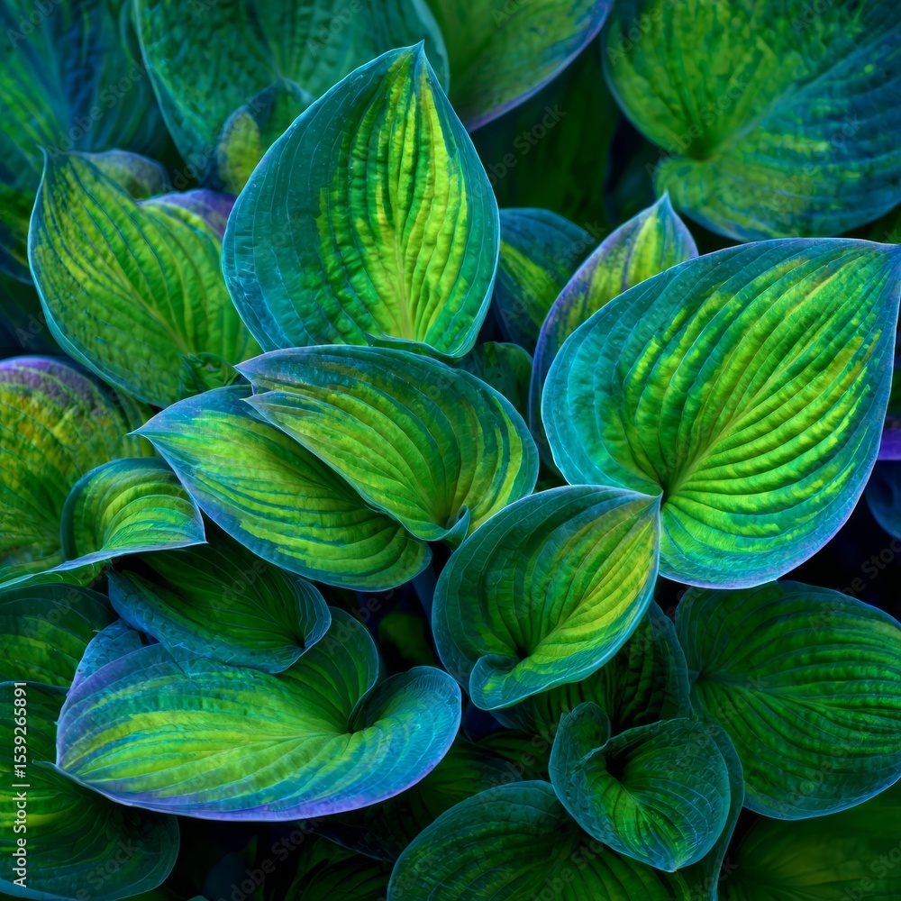 Vibrant close-up shot of beautiful hosta leaves displaying rich colors and textures. The lush green leaves are a focal point, showing intricate veins and gradients Vibrant close-up shot of beautiful hosta leaves displaying rich colors and textures. The lush green leaves are a focal point, showing intricate veins and gradients