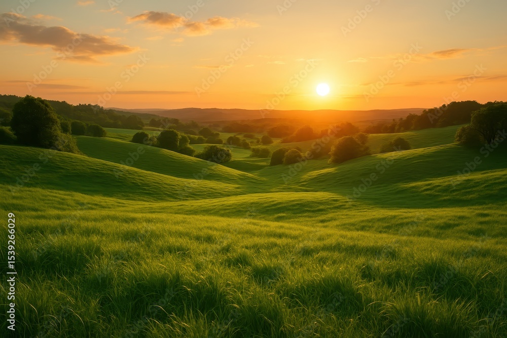 Obraz premium Serene countryside meadow at sunrise representing environmental harmony and peaceful rural landscape