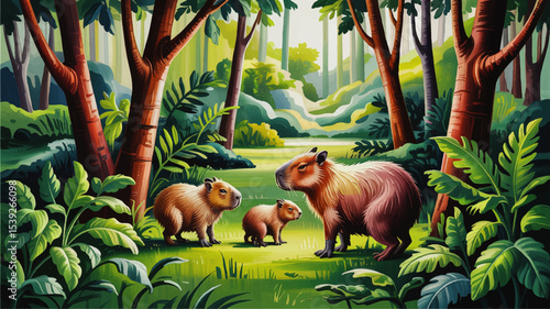 Capybara Family in Lush Green Jungle, Colorful Nature Wildlife Illustration, Tropical Forest Animals, Vibrant Digital Art