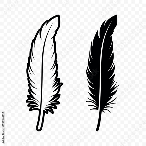 Vector Black and White Fluffy Feather Logo Icons. Silhouette Feather Set Closeup Isolated. Design Template of Flamingo, Angel, Bird Feather. Lightness and Freedom Concept