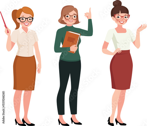 Three Cartoon Female Teachers in School Clothing, Standing in Different Poses.