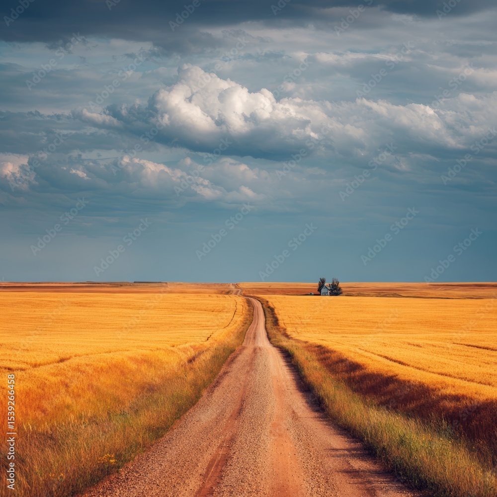 Fototapeta premium A dirt road winds its way through a vast field under a dramatic, cloudy sky, leading toward the horizon