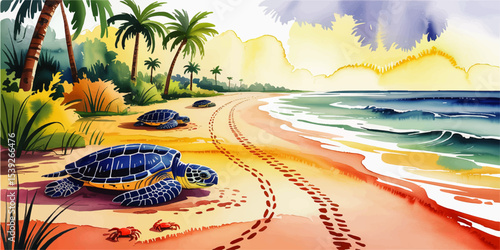 Tropical Beach Sunrise With Sea Turtles and Palm Trees – Watercolor Illustration of Ocean, Wildlife, and Coastal Scenery