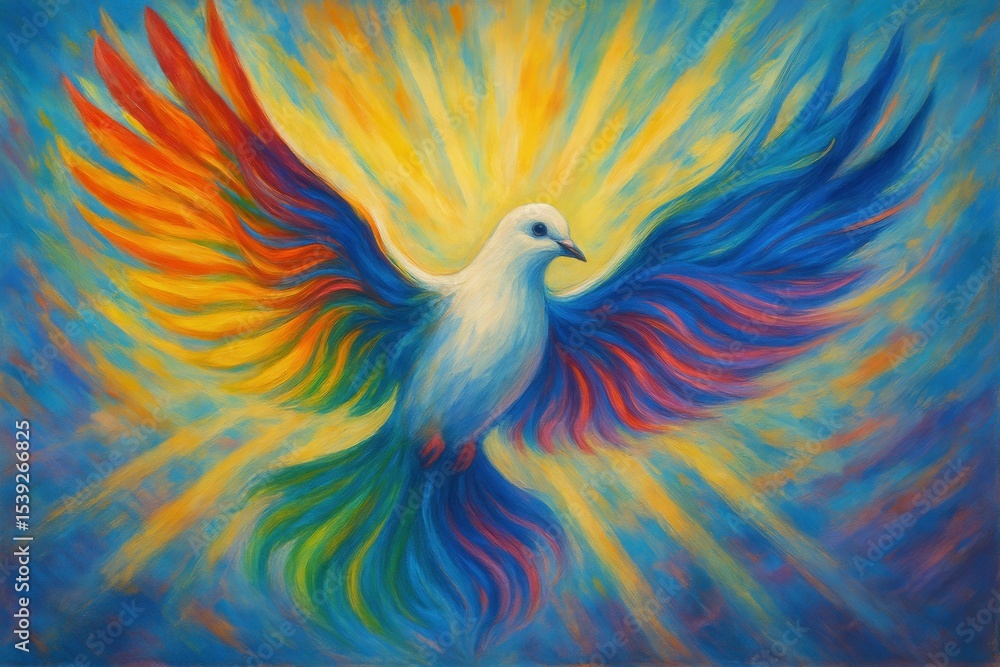 Obraz premium Vibrant peace dove artwork with rainbow wing patterns symbolizing hope and unity