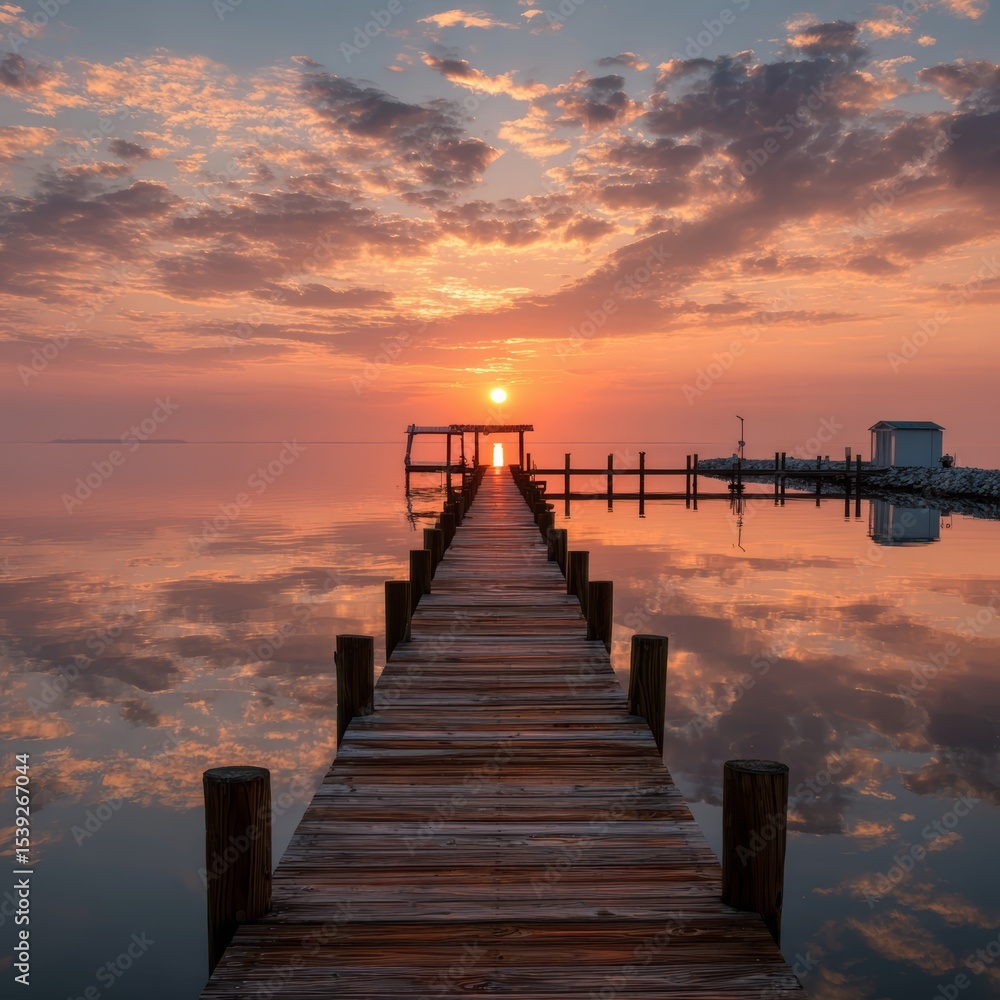 Obraz premium A stunning pier stretches out into a calm body of water, bathed in the warm hues of a beautiful sunset. The sky is a canvas of colors, and the water reflects the scene's beauty.