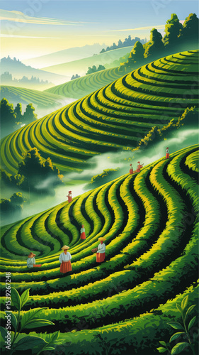 Scenic Sunrise Over Lush Green Tea Plantation Terraces with Workers Harvesting Leaves, Asian Countryside Landscape Illustration