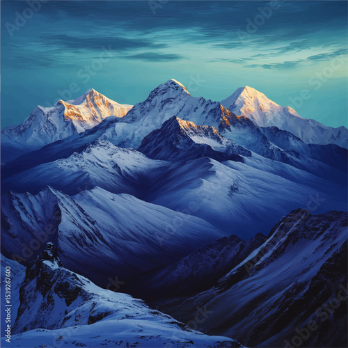 Majestic Snow-Capped Mountain Peaks at Sunrise, Blue Winter Landscape, Tranquil Nature Scenery, Vector Art Illustration