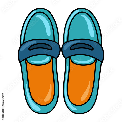 Blue and orange loafers, casual moccasins, trendy summer shoes. Cartoon vector illustration on white background. 