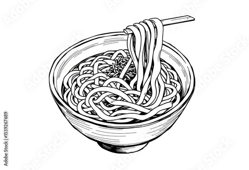 Black and white sketch of udon noodles in a bowl, vector illustration,  background,  white