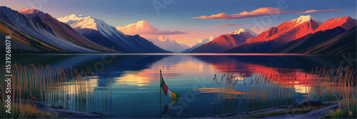 Stunning Sunset Over Mountain Lake with Reflection, Colorful Sky, Snow Peaks, and Reed Plants – Serene Landscape Illustration