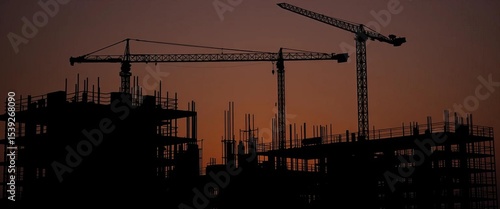 Dark silhouette of active construction site with scaffolding and equipment, development, night