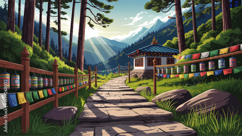 Serene Mountain Buddhist Monastery Pathway with Prayer Wheels and Flags in Lush Forest Landscape – Colorful Sunrise Nature Illustration