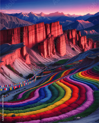 Vibrant Rainbow Terraced Fields and Prayer Flags at Sunrise in Red Rocky Mountains with Majestic Himalaya Landscape