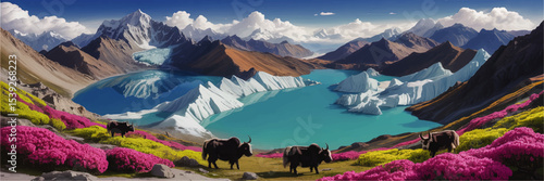 Majestic Himalayan Landscape with Yaks, Glacial Lake, Snowy Mountains, Colorful Alpine Flowers, and Clear Blue Sky – Digital Art Illustration