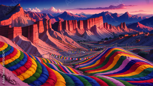 Vibrant sunrise over colorful striped hills and prayer flags in dramatic mountain landscape, fantasy digital art illustration