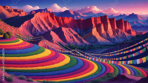 Vibrant Himalayan Landscape with Colorful Prayer Flags and Rainbow Terraced Fields at Sunrise, Digital Art Illustration