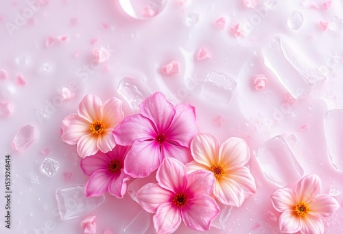 Pastel-hued frozen flowers, water ice, and milk; abstract art,   elegant,   bright