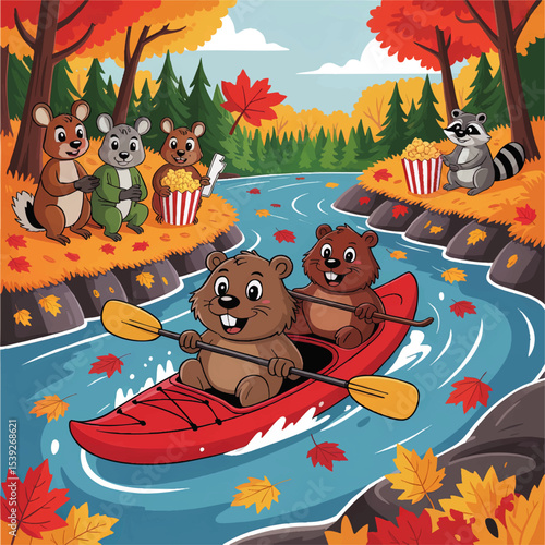 Cute Cartoon Animals Canoeing in Autumn Forest, Woodland Friends Eating Popcorn by River, Kids Adventure Illustration