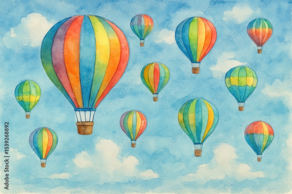 Vibrant watercolor hot air balloons floating gracefully across bright blue sky Vibrant watercolor hot air balloons floating gracefully across bright blue sky