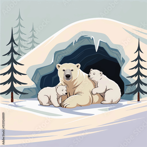 Polar Bear Family with Cubs in Winter Snow Cave, Arctic Wildlife Illustration, Cute Animal Nature Scene for Kids and Education