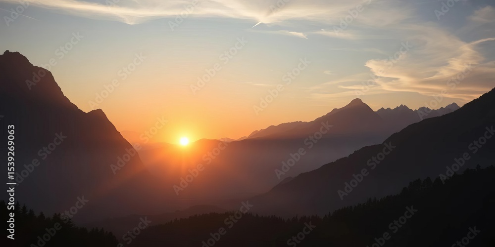 Sunrise over majestic, mist-shrouded mountains Peak silhouettes, tranquil valley, fog, vibrant Sunrise over majestic, mist-shrouded mountains Peak silhouettes, tranquil valley, fog, vibrant