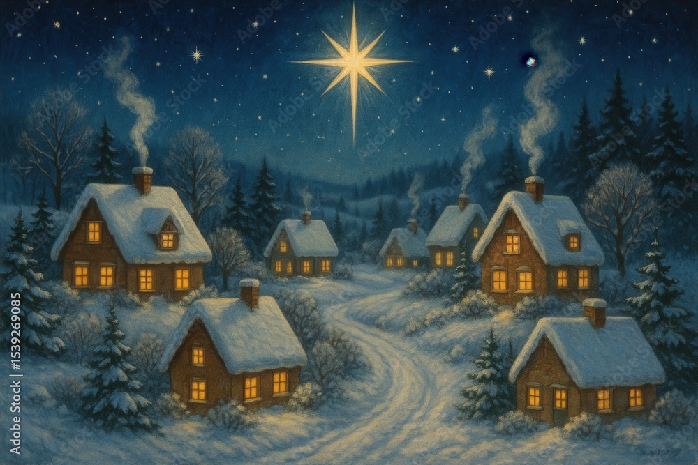 Picturesque snowy village scene featuring cozy houses with warm lights and brilliant star overhead creating magical winter holiday atmosphere Picturesque snowy village scene featuring cozy houses with warm lights and brilliant star overhead creating magical winter holiday atmosphere