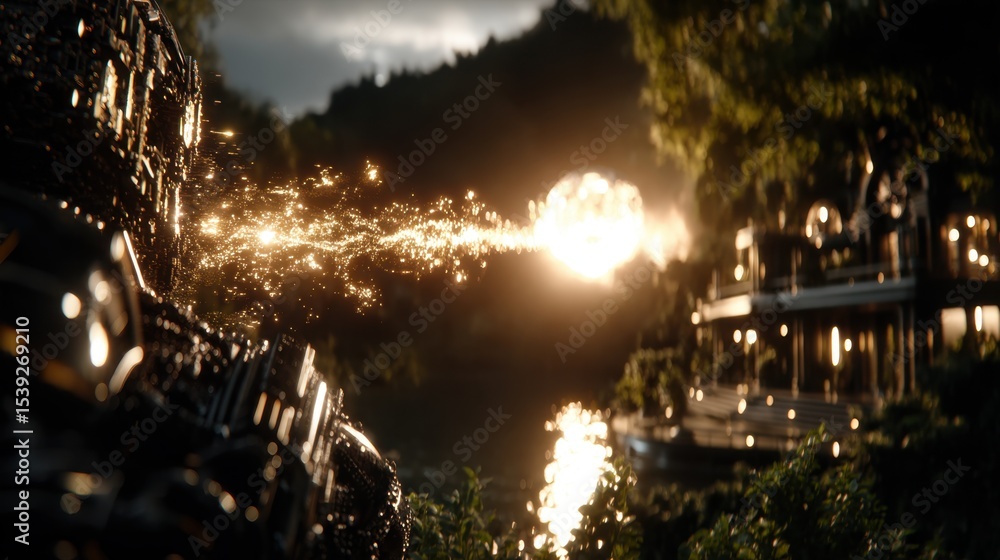 Naklejka premium Dark textured robotic object emitting golden sparks towards illuminated structure in lush nighttime environment